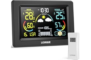 LIORQUE Estacion Meteorologica Interior Exterior, Estación Meteorológica con Sensor Exterior, Pantalla LCD VA en Color, Alarma, Fase Lunar, Temperatura Humedad Presión Fecha Previsión Meteorológica