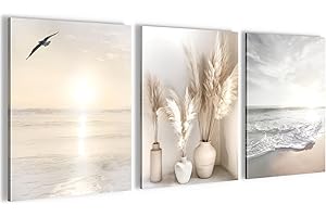 Novart Wandbilder Set Strand Meer Boho - KOMPLETT AUFHÄNGFERTIG - Wohnzimmer Schlafzimmer Flur Deko - 3 Moderne Bilder Beige - N029435a