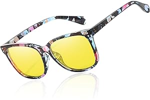 TJUTR Lunettes de conduite de nuit pour femme - Polarisées - Anti-reflet - Jaune - Réduit les reflets des phares - Lunettes carrées