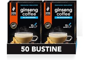 King Cup - 5 Paquetes de 10 Sobres Solubles de Ginseng Sin Azúcar, 50 Stick de 6 Gr para Bebida con Sabor de Ginseng da Agregar a 60 ml de Agua Caliente, Sin Gluten y Sin Lactosa