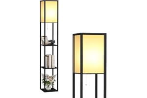 YU YUSING Lampadaire sur Pied Salon, Design Lampadaire Chambre avec 3 Etagères Douille E27, Lampe Salon en Bois MDF avec Abat-Jour, 1.6M Lampe sur Pied de Lecture Bureau, Noir