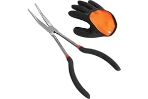 DELAESI Angelzange Gebogen 28cm Hakenlöser Angeln Hakenlösezange mit 1 Rechte Hand Angelhandschuhe Lang Angel Zange Angelzubehör für Fang von Raubfischen Verwendet