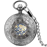 JewelryWe Retro Römische Ziffern Handaufzug mechanische Taschenuhr Skelett Uhr mit Halskette Kette Umhängeuhr Schwarz