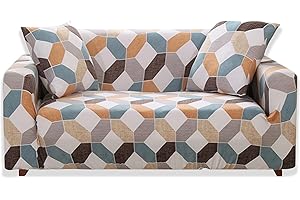 Teynewer 1-Piece Fit Stretch Sofa Cover, Sofa Slipcover Elastic Fabric Printed Pattern Chair Loveseat Couch Settee Sofa Covers Universal Fitted Furniture Cover Protector (2 Seater, #Geometry)