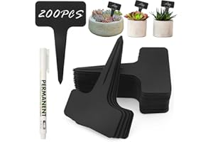 EXIN DECHEN 200 Piezas Etiquetas Plantas Negro, 10x6cm Plástico Marcadores Plantas, Etiquetas de Plantas en Forma de T, Resistente a Intemperie, Reutilizable, con 1 Rotulador, para Exterior, Parterre, Jardín