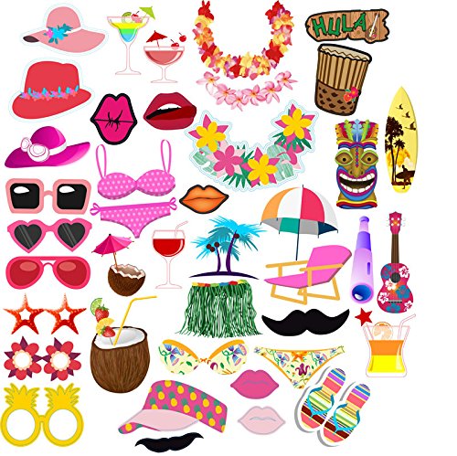 Veewon Luau Foto Booth Props Hawaiian Fotorequisiten Photobooth Requisiten Henne Party Bikini Style Hula Tanz 44 Stück DIY Kit für tropische Sommer Festivals Beach Pool Party