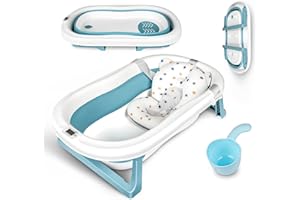 EINESIN Duża, składana wanna dla niemowląt z wbudowanym termometrem, wanienka dla niemowląt z wkładką do wanny dla niemowląt, piłeczkami dla dzieci, kubek do mycia włosów (niebieski (Z termometrem))