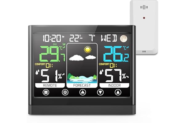 jely Station Meteo Interieur Exterieur Sans Fil avec Capteur Thermomètre Hygromètre LCD Écran Couleur avec Alerte Température Météo Prévisions DCF Radio Phase de la Lune Snooze Réveil