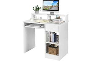 GIANTEX Scrivania per Computer, Tavolo da Lavoro con Supporto per Monitor, Tavolo da Ufficio Moderno con Cassetto e Ripiani, Scrivania per Computer con Spazio (Bianco)