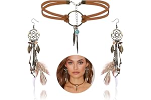 LOLIAS Boho Dream Catcher Orecchini Goccia Collana Pelle Choker Set per Donna Orecchini Fatti Mano Retro Vintage Bohemian Piuma Ciondolo Orecchini Tribali Gioielli Regalo