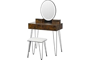 RELAX4LIFE Dressing Table Set, Adjustable LED Lighted Makeup Vanity Desk with Stool, Mirror and Drawers, Cosmetic Bedroom Dresser Makeup Table for Girls Women (Rustic Brown Look + 2 Side Drawers)