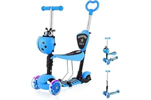 YOLEO 5-in-1 Kids Scooter with Removable Seat, LED Flashing Wheels Height Adjustable 3 Wheels Kick Scooter with Push Handle for Toddlers, Boys and Girls from 2 Years