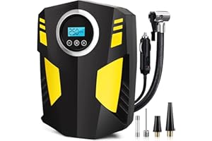Crebeau Digital Tyre Inflator, DC 12V Portable Air Compressor Car Tyre Pump with 3 Nozzle Adaptors and Emergency LED Flashlight for Car Tyres, Bicycles and Other Inflatables