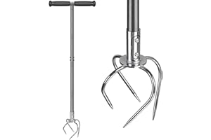 BeneLabel Twist Tiller, Manual Garden Soil Cultivator Hand Lawn Grass Aerator Heavy Duty Weeding Scarifier Tool 100cm Long Handle with 4 Curved Claws for Plant Box and Gardening Bed