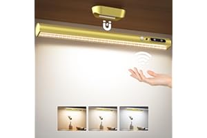 Moslumin Motion Sensor LED Light Bar Indoor, Rechargeable Under Cabinet Kitchen Lights, Magnetic Battery Powered Operated Wall Strip Lights with Remote Control for Picture Shelf – Gold