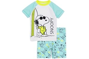 PEANUTS Traje de baño Snoopy para niños | Niños 2 Piezas Camiseta Pantalones Cortos Animados Beagle Woodstock Perro Azul Todo en uno Traje de baño