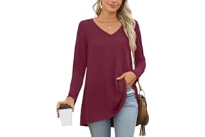 POPYOUNG Womens Fall-Winter Casual Long Sleeves Tunic Loose Tops with Leggings V-Neck Blouse