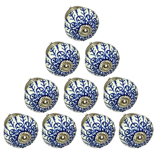 Handmade Knobs Sale Set Of 10 White Round Knobs With Blue Flower