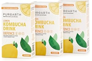 Purearth Kombucha Powder Drink Sachets for Water – Immunity Support with Vitamin C, D3 & Selenium – Sugar-Free Lemon Energy Drink for Gut Health & Energy – 30 Sachets – Vegan & Keto-Friendly