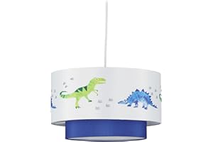 Relaxdays Lampadario Dino, Rotonda, Paralume con Disegni di Dinosauri, Cameretta, Bambini, HxD: 126x30 cm, bianco/blu