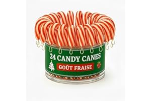 P&E Pack de 24 Mini Bâtons de Sucre d'Orge Candy Canes Goût Fraise avec Attaches Dorées - Décorations Comestibles pour Sapin de Noël - Bonbons de Noël Traditionnels. A SUSPENDRE et DÉGUSTER