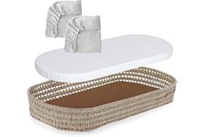 MIMUSELINA | Cesta Cambiador de Bebe de Mimbre | Con Colchon para el Cambiador de Mimbre + Funda de Muselina de Algodón | Hecha a Mano de manera Artesanal con Palma Natural | (Blanco/Blanco)