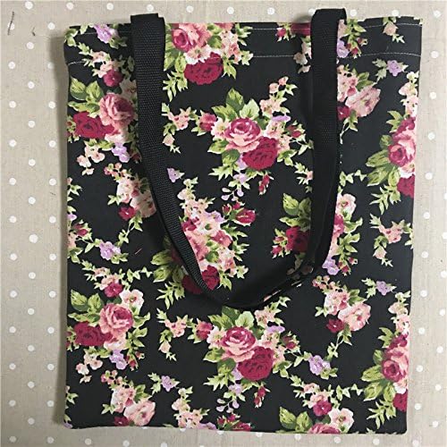 YILE Thin Canvas Eco Shopping Tote Shoulder Bag Print Rose Flower Black Base L302