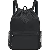 WANDF Drawstring Backpack, Sports Bag with Shoes Compartment, Water Resistant Webbing Backpack for Men and Women (Black)