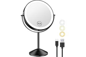 Gospire 8 Zoll Wiederaufladbar Kosmetikspiegel mit Licht, 3 Farben & Dimmable LED, 1X/10X Doppelseitiger Vergrößerung Schminkspiegel, 360°Schwenkbar Make-up Spiegel für Reise Zuhause, Schwarz