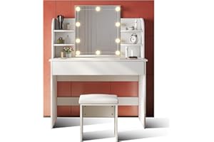 SONNI Toeletta Trucco con Luci, Tavolo da Trucco con Specchio e Sgabello,con Lampadine Luce a 3 Toni Luminosità Regolabile LED 108x40x140cm Bianco