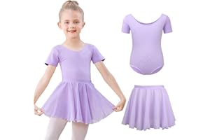 KEFIYIS Ballettkleidung Mädchen Kurzarm Ballettkleid Baumwolle Balletttrikot Kinder Ballettanzug Ballettbody mit Chiffon Rock Tütü 3-11Jahre