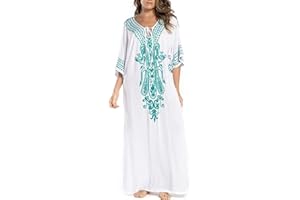 L-Peach Vestido Bordado Largo Kaftan Pareo de Algodón Bikini Cover Up para Mujer