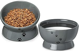 Y YHY Cat Bowls, Raised Cat Food Bowls Anti Vomiting, Tilted Elevated Cat Bowl for Food and Water, Ceramic Pet Food Bowl for Flat-Faced Cats, Small Dogs, Anti Slip Feet, Set of 2, Grey