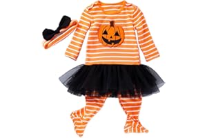 LNL Halloween Kostüm Baby Mädchen Mein erstes Halloween Skelett Outfits Kürbis Strampler Langarm Tutu Rock Stirnband 0-24 Monate