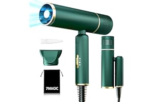 7MAGIC Secador de Pelo de Secado Rápido, Secador Pelo Ionico Profesional de 1600W con Boquilla Concentrada, Secador pelo Viaje Portátil, Secador Pelo Rizado de bajo ruido, 3 Temperaturas 2 Velocidades, Verde