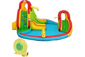 DREAMADE Château Gonflable pour 3 Enfant 3-10ans avec Deux Toboggans,Piscine Gonflable avec Panier de Basket-Ball,Toboggan Aquatique Extérieur,Mur d'escalade, 480 x 420 x 233 cm (avec Gonfleur 680W)