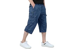 KEFITEVD Men's Casual Twill Elastic 3/4 Cargo Shorts Loose Fit Multi-Pocket Capri Long Short Pants