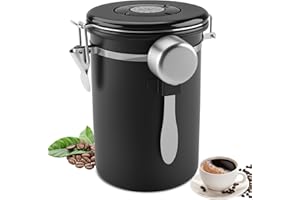 Foydream 1,8 L Barattolo Caffe Ermetico, Inossidabile 304 Contenitore per Caffè - Barattolo per Caffè, con Un Quadrante Della Data e Cucchiaio, per Farina, Fagioli, Tè, Cereali e Zucchero (Nero)