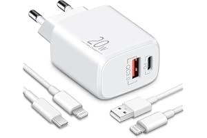 LUOSIKE 20W 2-Puerto Carga Rapida Cargador para iPhone 14 13 12 11 Pro MAX Plus Mini SE XS XR X 8 7, iPad, Airpods, USB-C USB-A Rapido PD/QC Adaptador Cabezal Enchufe Corrient con 2-Pack 2M Charger Cables