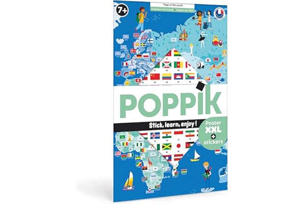 POPPIK 1841223 Poster Autocollant Drapeaux du Monde Poster éducatif interactif avec Autocollants Carte du Monde multilingue pour Enfants à partir de 7 Ans 68 x 100 cm