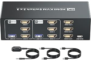 SEIRYRUC 8K/60Hz USB 3.0 Three Monitor HDMI KVM Switcher, 4K120Hz HDMI KVM Switch 3 Monitors 2 Computers for 2 PC Share 3 Monitors and 1 Set of Keyboard Mouse Printer Scanner and More