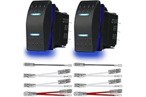 MKBKLLJY 2Pcs Automatic Lock Rocker Switch Toggle On/Off/On 3 Position Waterproof DC 12V/20A 24V/10A 7Pin DPDT Blue LED Light, with Jumper Wires Set for Marine Boat Truck Car Caravan RV SUV ATV