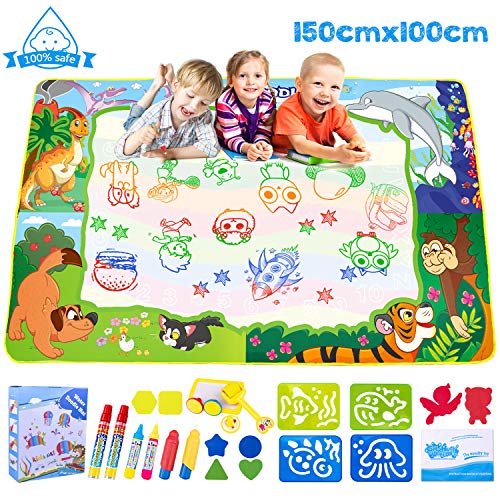 SPLAKS Doodle Tappeto, Tappeto Magico Bambini 150 *100cm , Ampia Superficie di Disegno con 6 Penne e Strumento Timbro,, Giocattoli Educativi per Bambini.