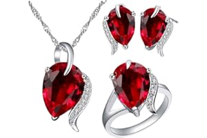 Uloveido Moda Aniversario de Boda Conjunto de Joyas para Mujeres Pera Forma Rojo Púrpura Collar de Cristal Studs Anillo de Joyería Conjunto para Niñas T300