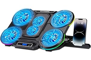 NK Base di raffreddamento portatile da 17" - 10 modalità luci LED RGB, 6 ventole silenziose con velocità regolabili, 4 altezze regolabili, porta USB, telefono holder, raffreddamento rapido