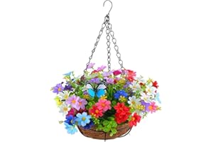 FUNLOV Artificial Hanging Flowers in Basket for Patio Garden Porch Deck Decoration, Fake Hanging Plants, Fake Plants in 11 inch Coconut Lining Basket (Colorful butterfly)