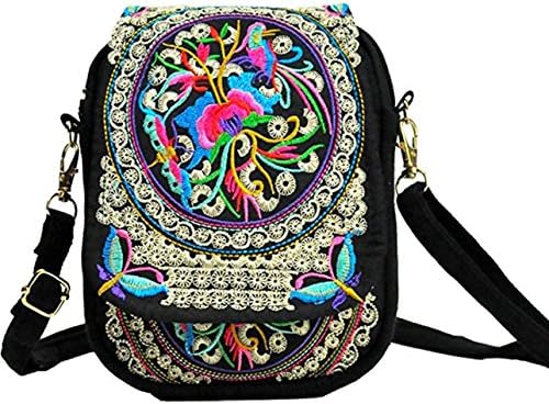 Women Crossbody Purse Canvas Bag Phone Bag with Ethnic Style Embroidered Flowers Shoulder Bags