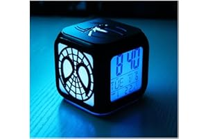 INTCHE Réveil Spiderman for Enfants, réveil de Chevet avec veilleuse 7 Couleurs, Petit réveil stéréo 3D muet veilleuse LED Horloge électronique Horloge de Chevet Chambre Horloge