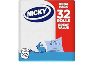 Nicky Soft Touch Toilet Tissue - 32 Rolls of Extra Gentle White Toilet Paper, 190 Sheets per Roll, 2-ply, Soft Tissue, Modern Embossing, Easy Opening, 100% FSC Certified Paper