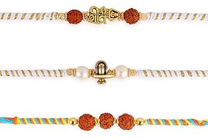 Dugan Om Rakhi for Brother Set of 3 akhi Set with Rakhi Greeting Card Roli Chawal Packet - Raksha bandhan Rudraksha Shiv Rakhi Bracelet for Brother Rakhi for Bhaiya - GMRK011
